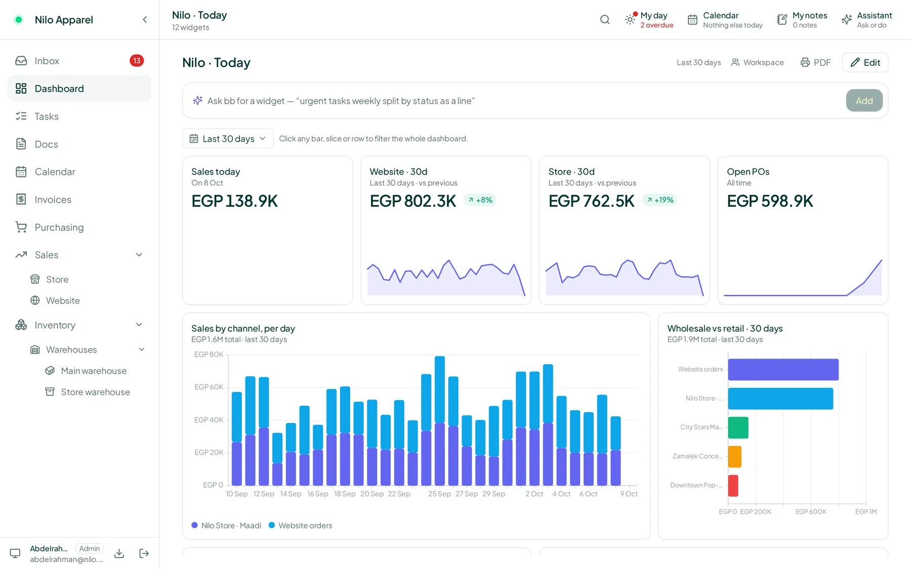 Nilo Apparel's Buildn dashboard