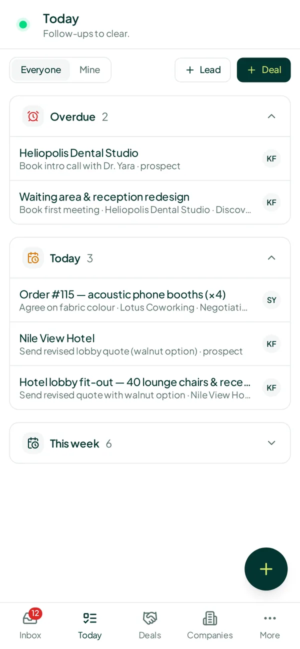 Buildn on a phone showing today's CRM view.